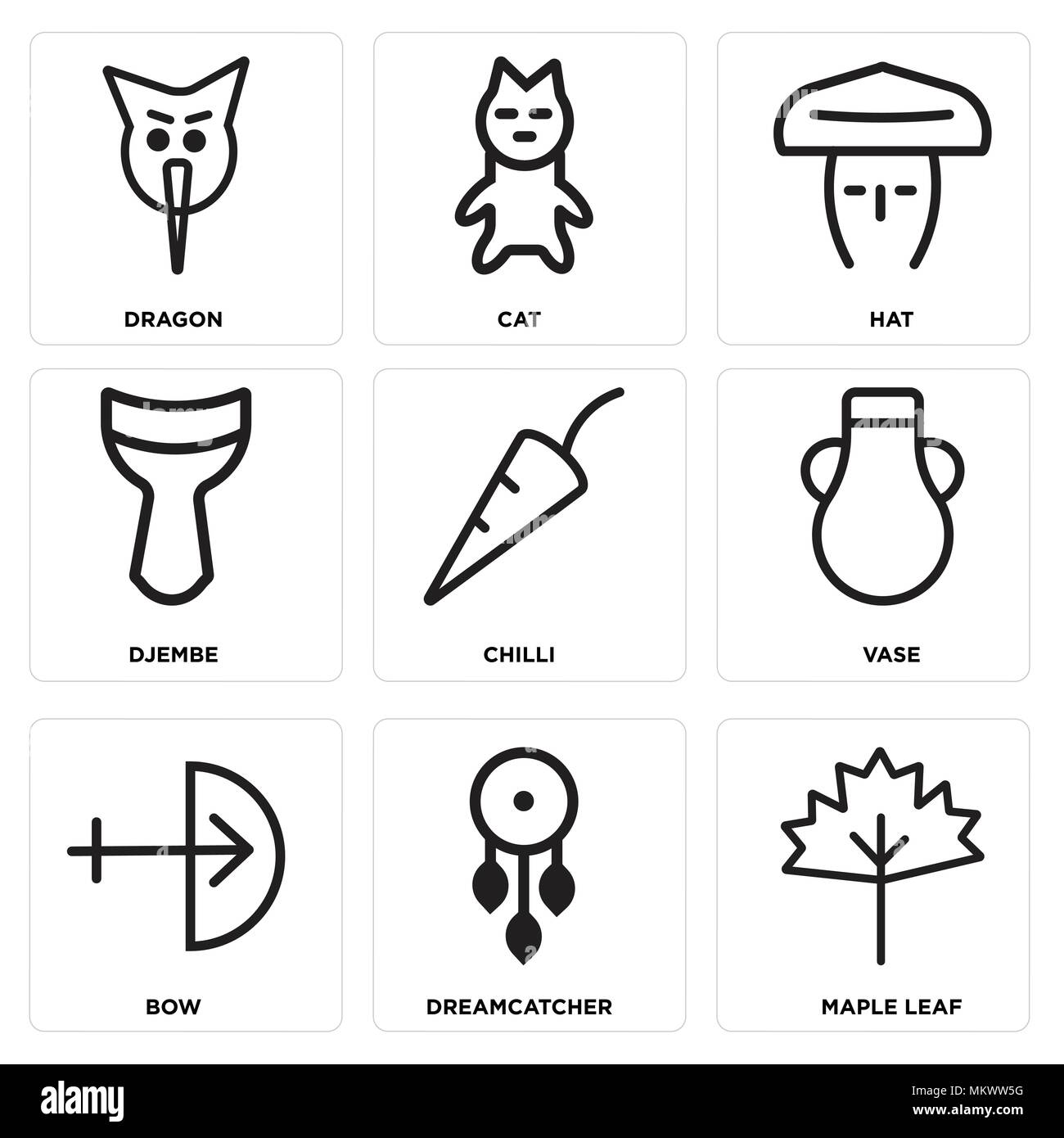 Set di 9 semplici icone modificabile come Foglia di acero, Dreamcatcher, prua, VASE, peperoncino, djembe, cappello, Cat, Dragon, può essere usato per il mobile, web Illustrazione Vettoriale