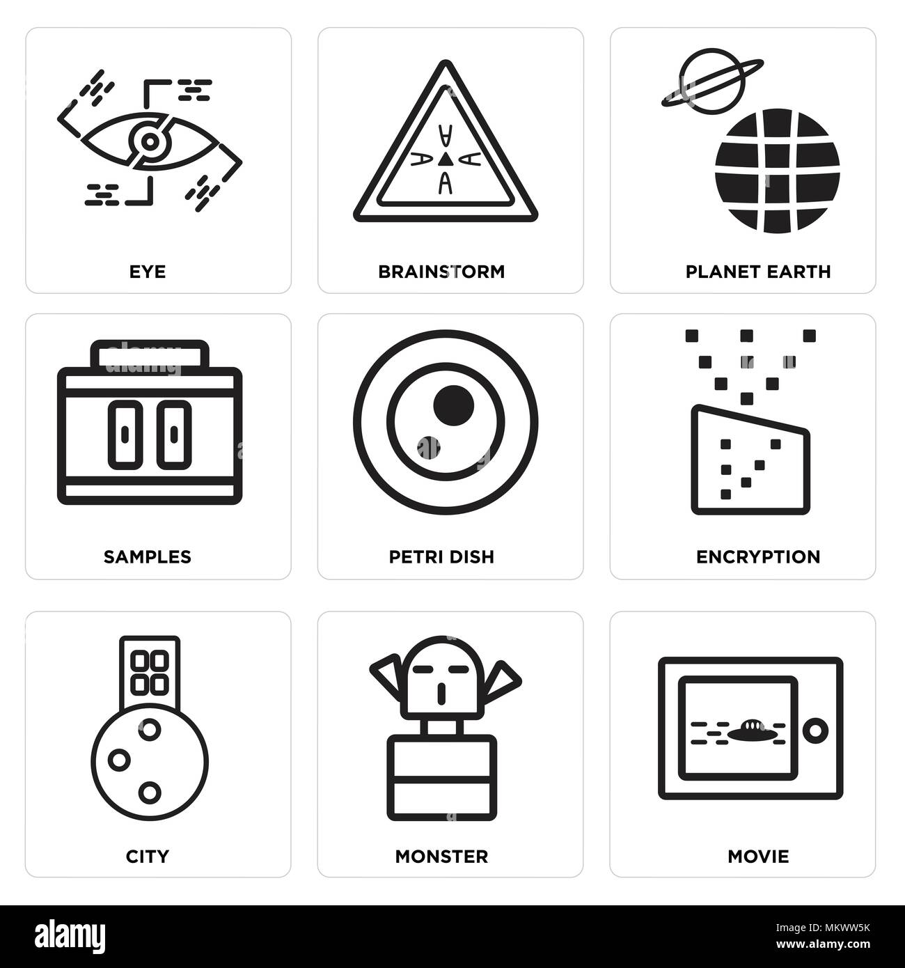 Set di 9 semplici icone modificabili quali Movie, Monster, Città, crittografia, Petri, campioni, il pianeta terra, Brainstorm, occhio, può essere usato per il mobile, w Illustrazione Vettoriale