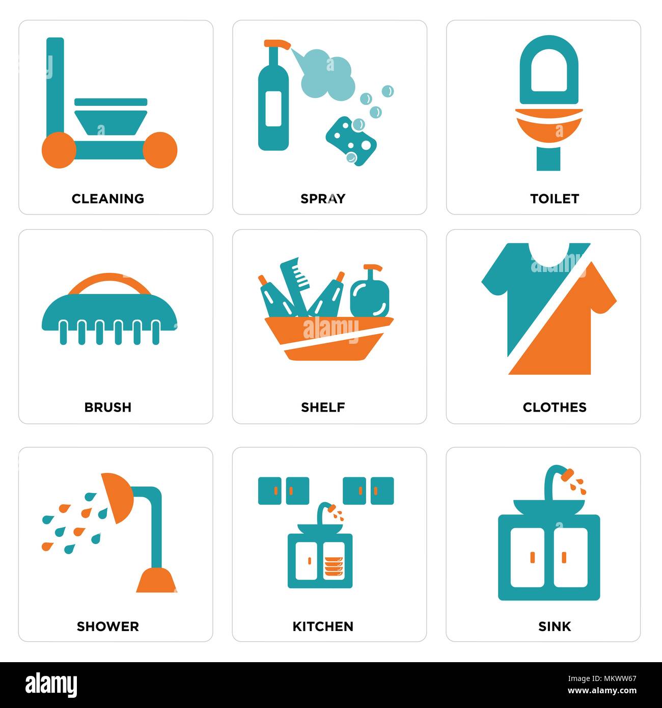 Set di 9 semplici icone modificabile come lavandino, cucina, doccia, vestiti, mensola, Pennello, Wc, spray, la pulizia può essere usato per il mobile, web Illustrazione Vettoriale