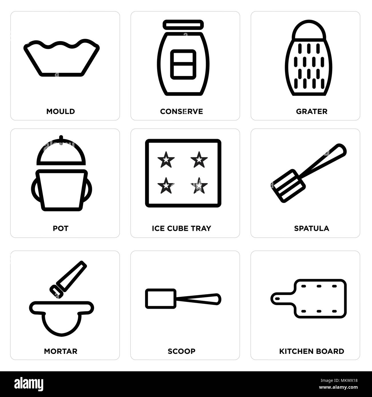Set di 9 semplici icone modificabile come cucina board, scoop, Malta, spatola, Ice Cube vassoio, Pot, grattugia, conservare, dello stampo può essere utilizzato per il mobile, web Illustrazione Vettoriale