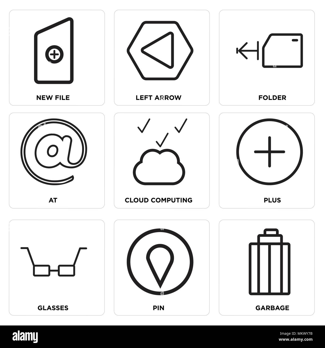Set di 9 semplici icone modificabile come immondizia, Pin, bicchieri, Plus, cloud computing, a, Cartella, freccia sinistra nuovo file, può essere utilizzato per il mobile, web Illustrazione Vettoriale
