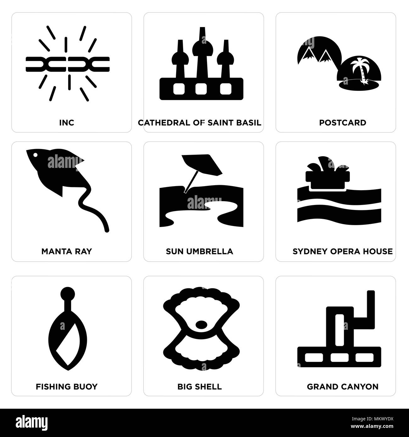 Set di 9 semplici icone modificabili come il Grand Canyon, Big Shell, pesca boa, Sydney Opera House, ombrellone, Manta Ray, cartolina, Cattedrale di sain Illustrazione Vettoriale