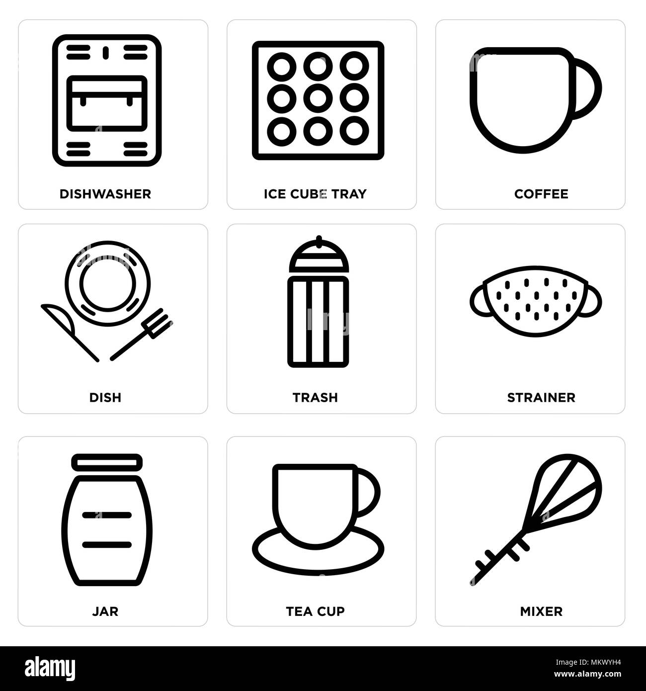 Set di 9 semplici icone modificabile come miscelatore, tazza da tè, Jar, filtro, Cestino, piatto, caffè, Ice Cube vassoio, lavastoviglie, può essere usato per il mobile, web Illustrazione Vettoriale