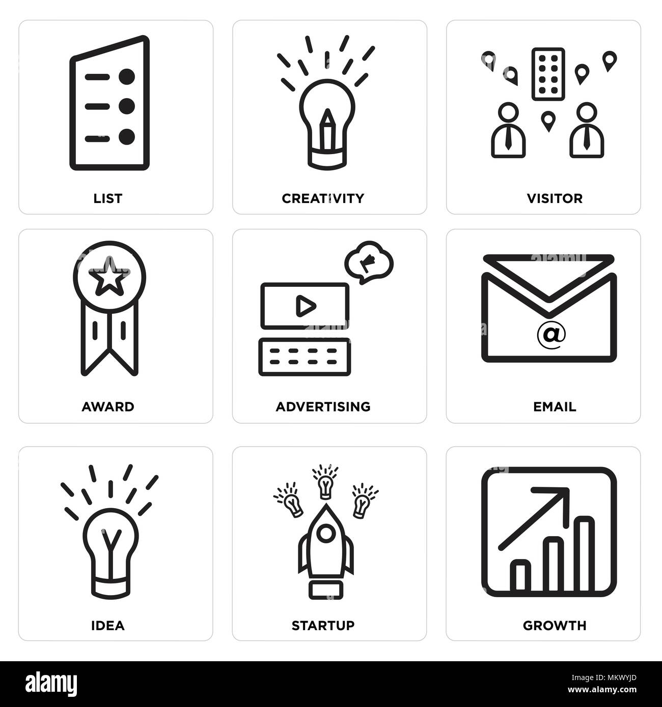 Set di 9 semplici icone modificabile come crescita, Startup, Idea, e-mail, pubblicità, Award, Visitatore, creatività, elenco può essere utilizzato per il mobile, web Illustrazione Vettoriale
