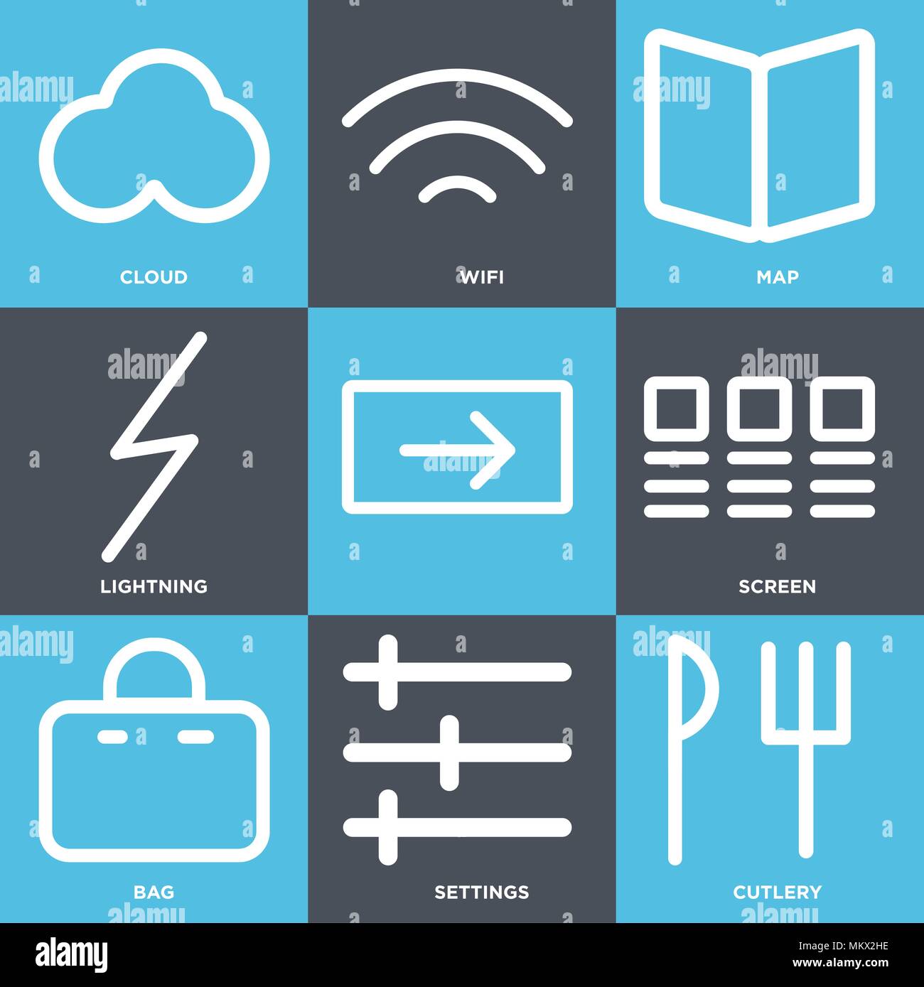 Set di 9 semplici icone modificabile come posate, Impostazioni, Borsa, schermo, fulmini, Mappa, Wifi, Cloud può essere utilizzato per il mobile, web Illustrazione Vettoriale