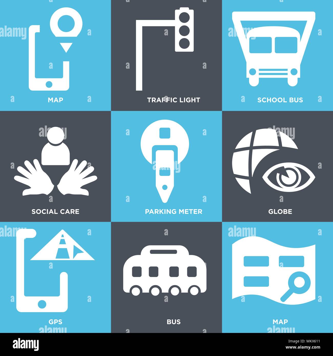Set di 9 semplici icone modificabile come mappa, Bus, GPS, Globe, parchimetro, assistenza sociale, scuola bus, semaforo può essere utilizzato per il mobile, web Illustrazione Vettoriale