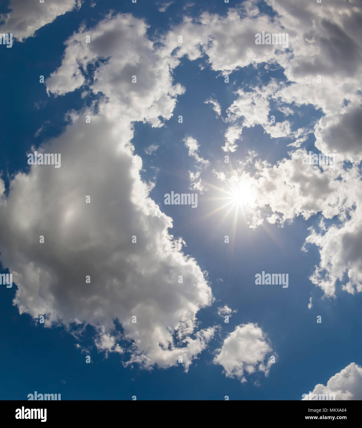 Guardando il sole nel cielo di nuvole bianche Foto Stock