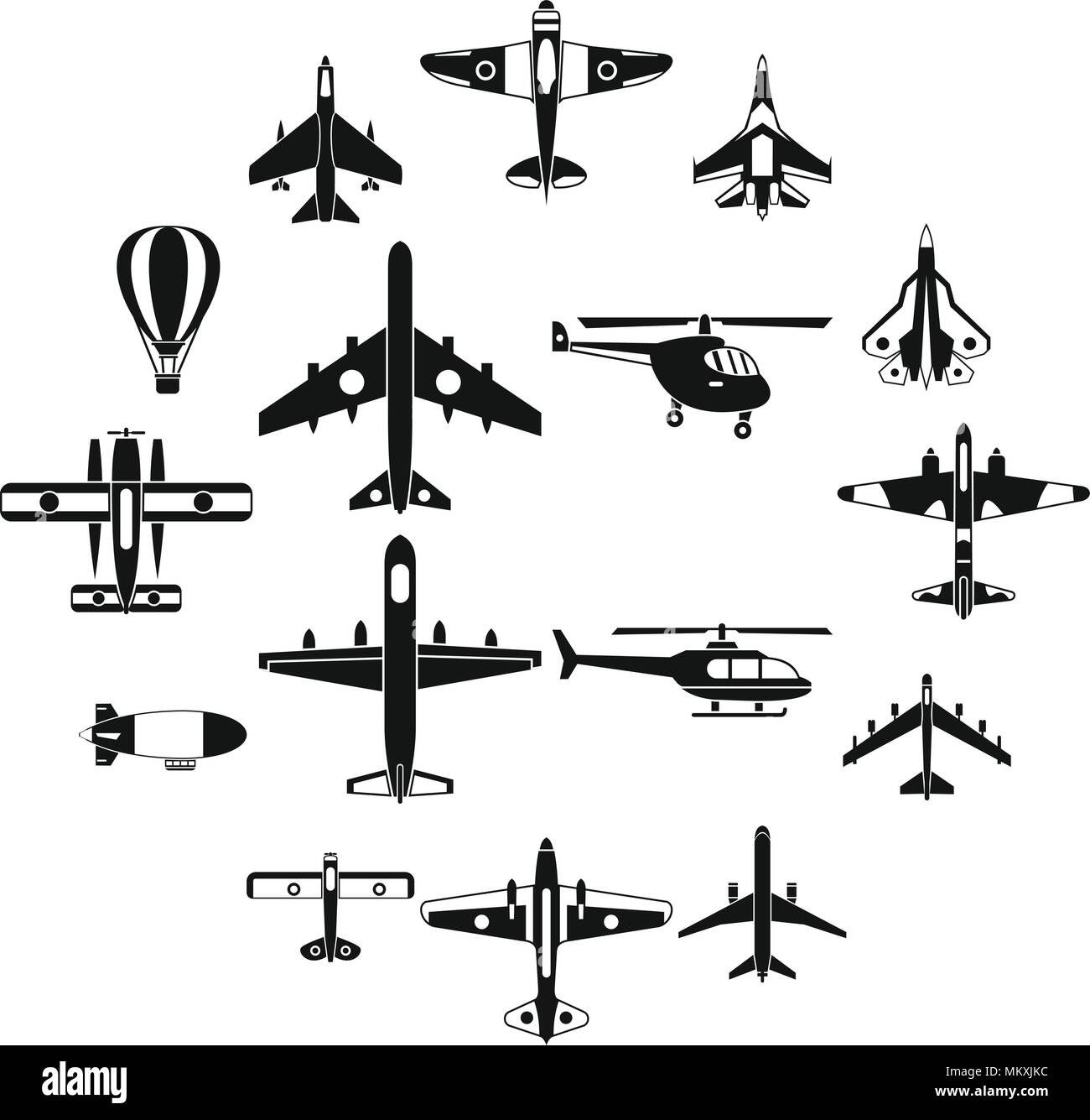 Aviazione set di icone, stile semplice Illustrazione Vettoriale