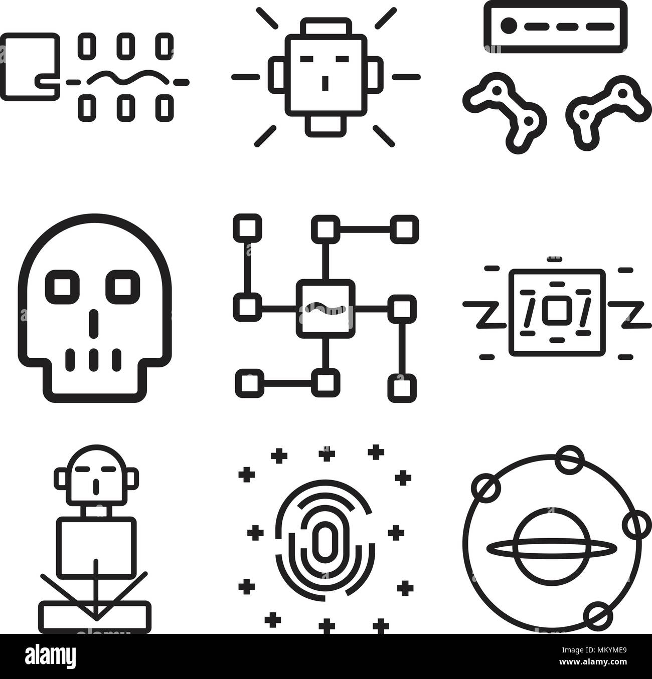 Set di 9 semplici icone modificabile come lo spazio esterno, scansione delle impronte digitali, ologramma, Robot, il riconoscimento vocale, cranio, console di gioco di intelligenza artificiale Illustrazione Vettoriale
