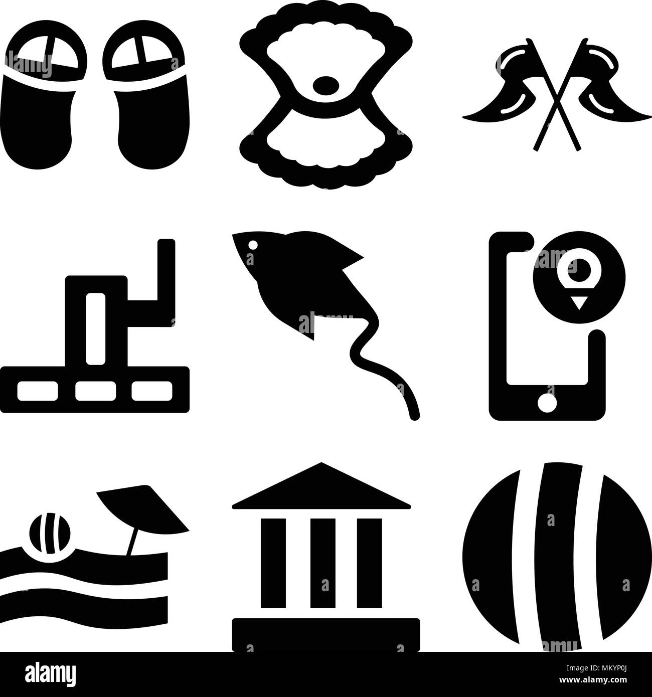 Set di 9 semplici icone modificabile come palla spiaggia, il Partenone, Vista, posizione Manta Ray, Grand Canyon, due bandiere, Big Shell, Flip-flop, può essere utilizzata f Illustrazione Vettoriale