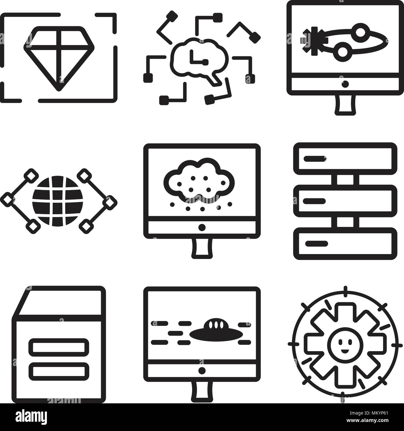 Set di 9 semplici icone modificabile come supporto tecnico, Blog, magazzino, Database, Laptop, globale, intelligenza artificiale, il valore può essere utilizzato per m Illustrazione Vettoriale
