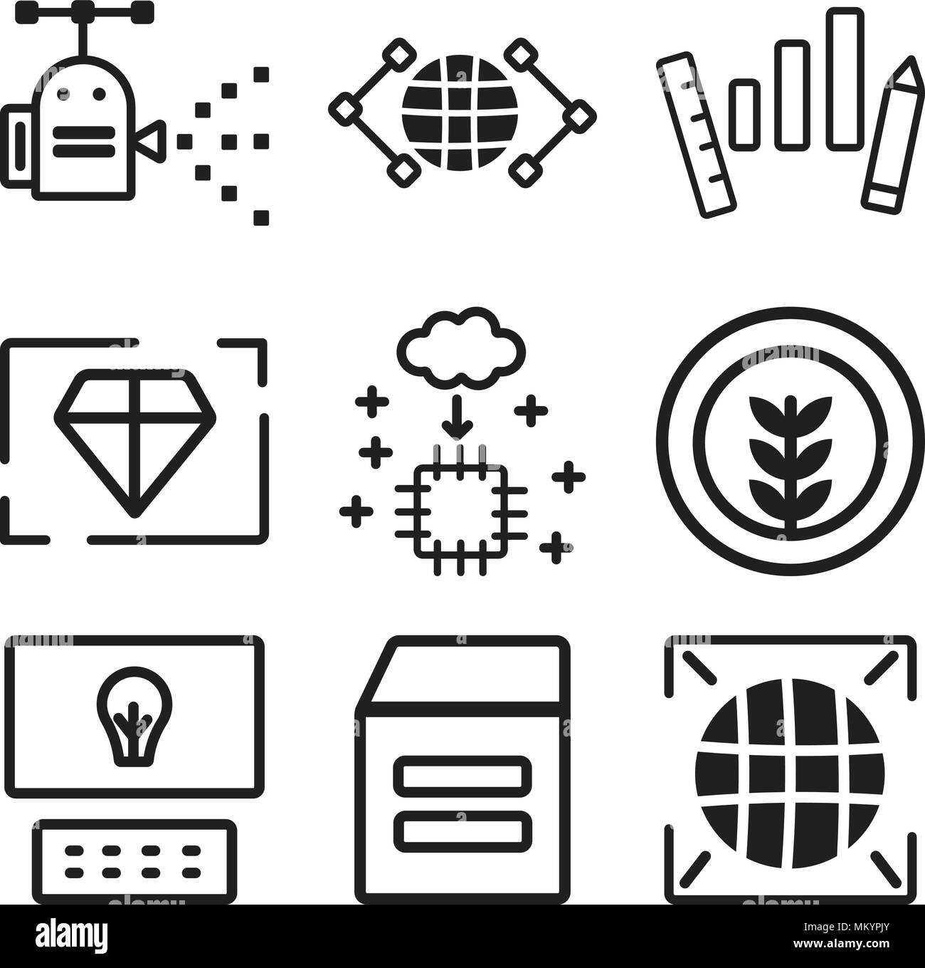 Set di 9 semplici icone modificabile come dati di grandi dimensioni, magazzino, Laptop, Impianti, intelligenza artificiale, valore, efficienza globale, Robot, può essere utilizzata per Illustrazione Vettoriale