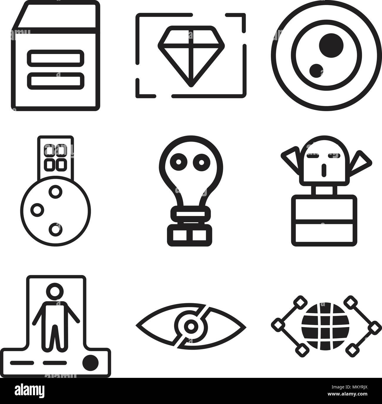 Set di 9 semplici icone modificabili quali Global, sottomarini, Teletrasporto, Monster, maschera a gas, Città, Petri, Valore, magazzino, possono essere utilizzati per la telefonia mobile Illustrazione Vettoriale