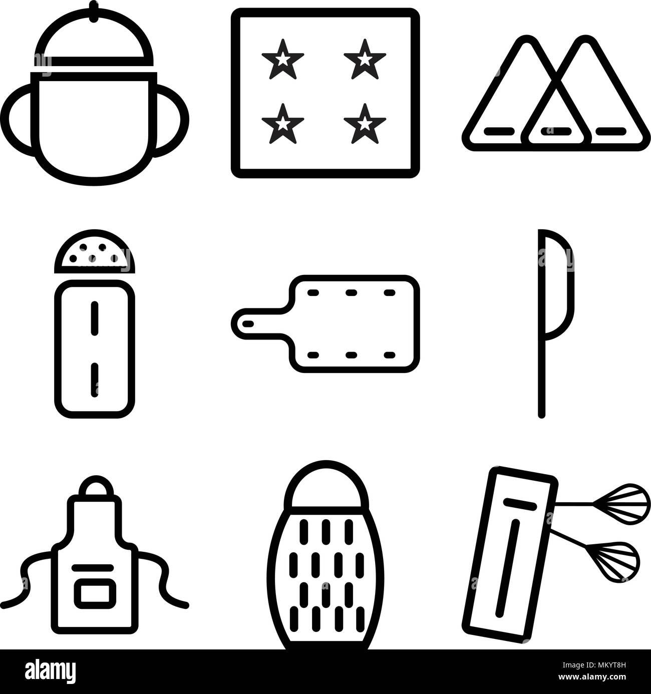 Set di 9 semplici icone modificabile come miscelatore, grattugia, grembiule, coltello, cucina board, sale, igienico, Ice Cube vassoio, ciotola, può essere usato per il mobile, web Illustrazione Vettoriale