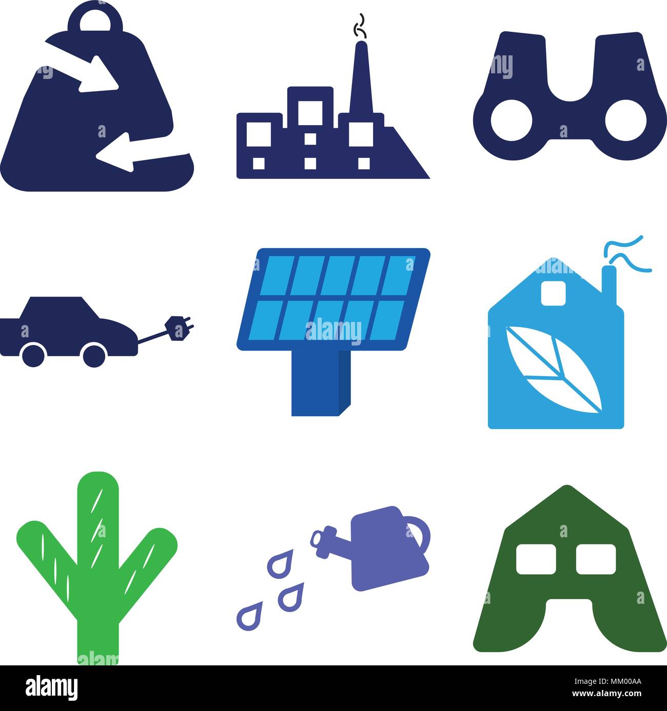 Set di 9 semplici icone modificabili quali Tenda grande, annaffiatoio, cactus, Ecologic House, due pannelli solari, auto elettriche, binocolo, impianto di fabbrica, Shop Illustrazione Vettoriale