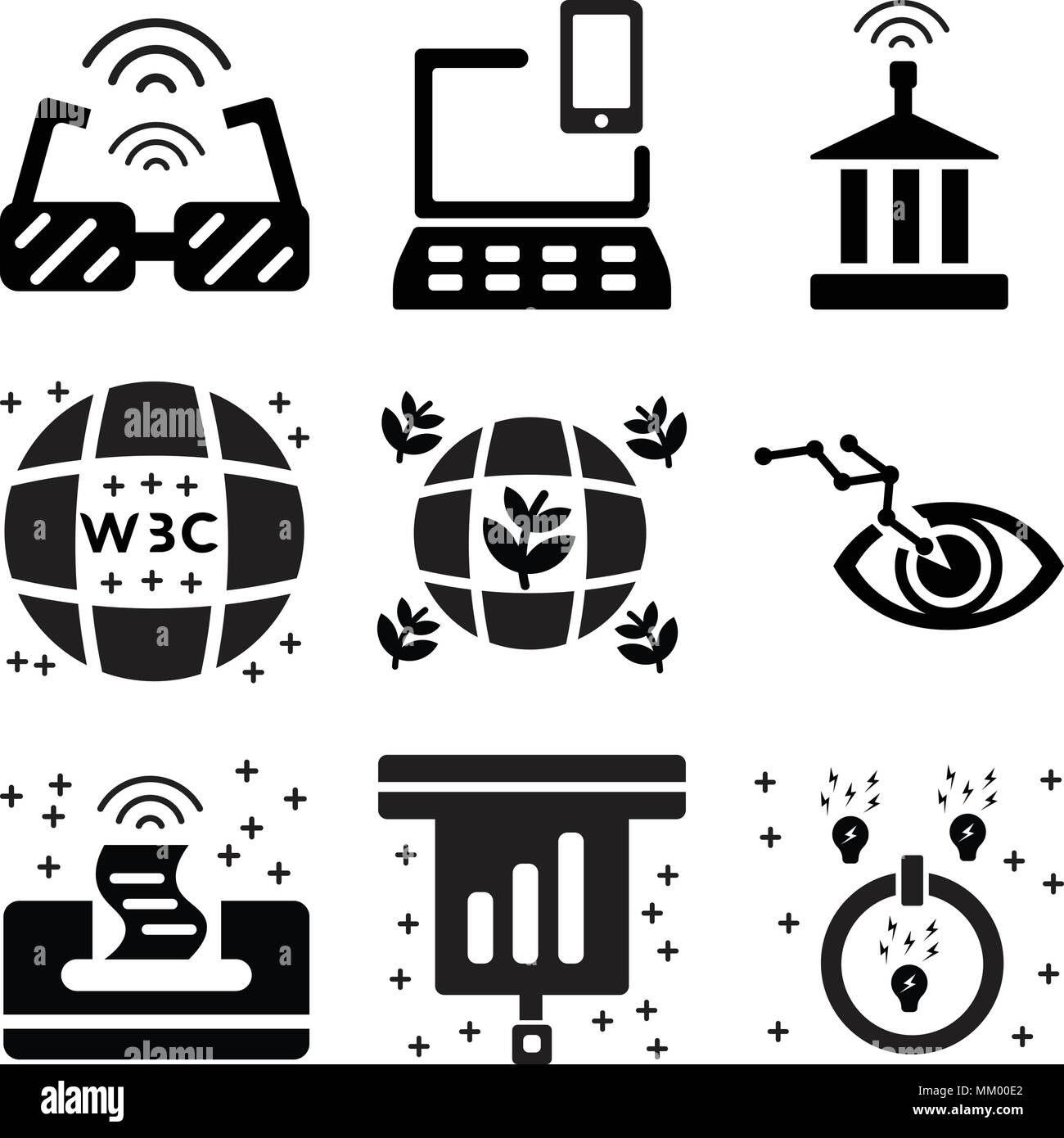 Set di 9 semplici icone modificabili quali alimentazione, dati, stampante, occhio, Eco friendly, Web, politico, dispositivi Smart occhiali, può essere usato per il mobile, web Illustrazione Vettoriale