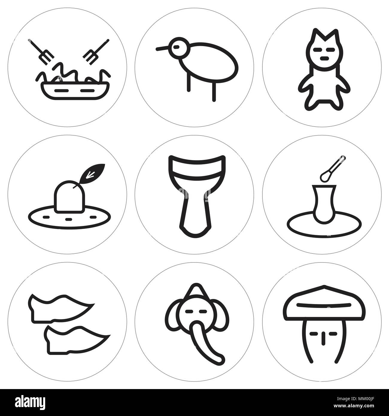 Set di 9 semplici icone modificabili quali Hat, Ganesha, scarpe, tè, djembe, Cat, Kiwi, pasta, può essere usato per il mobile, web Illustrazione Vettoriale