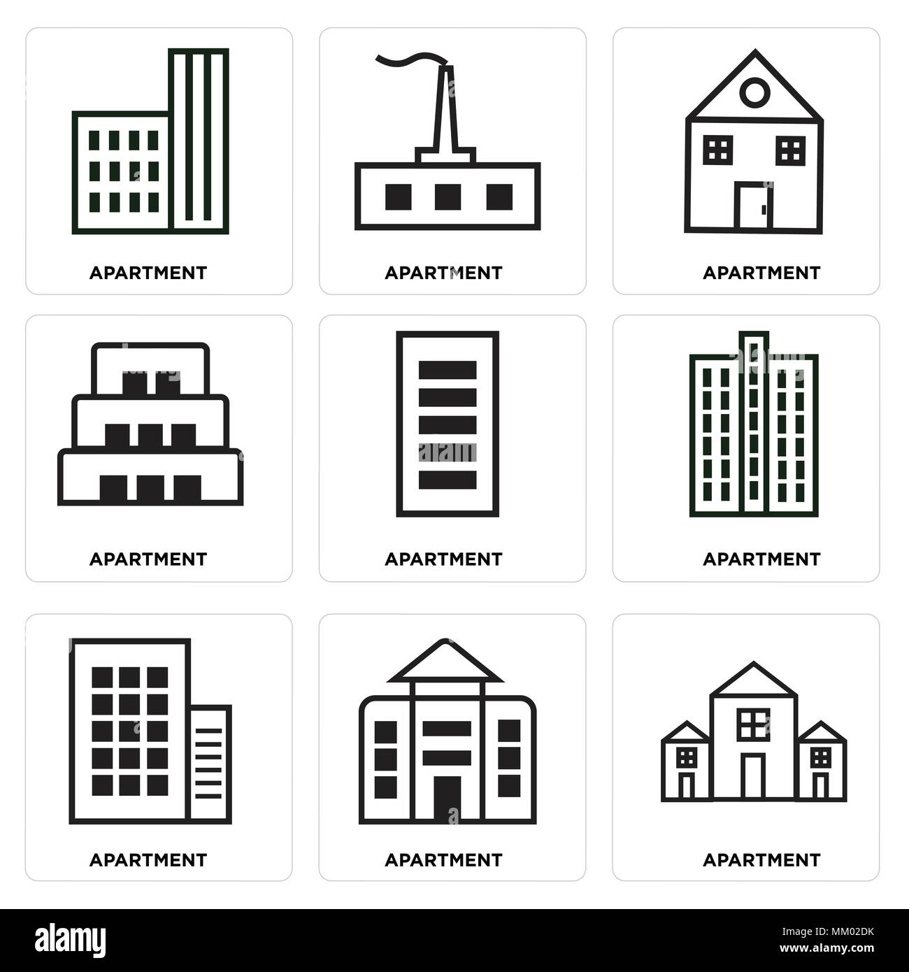Set di 9 semplici icone modificabile come appartamento, può essere usato per il mobile, web Illustrazione Vettoriale