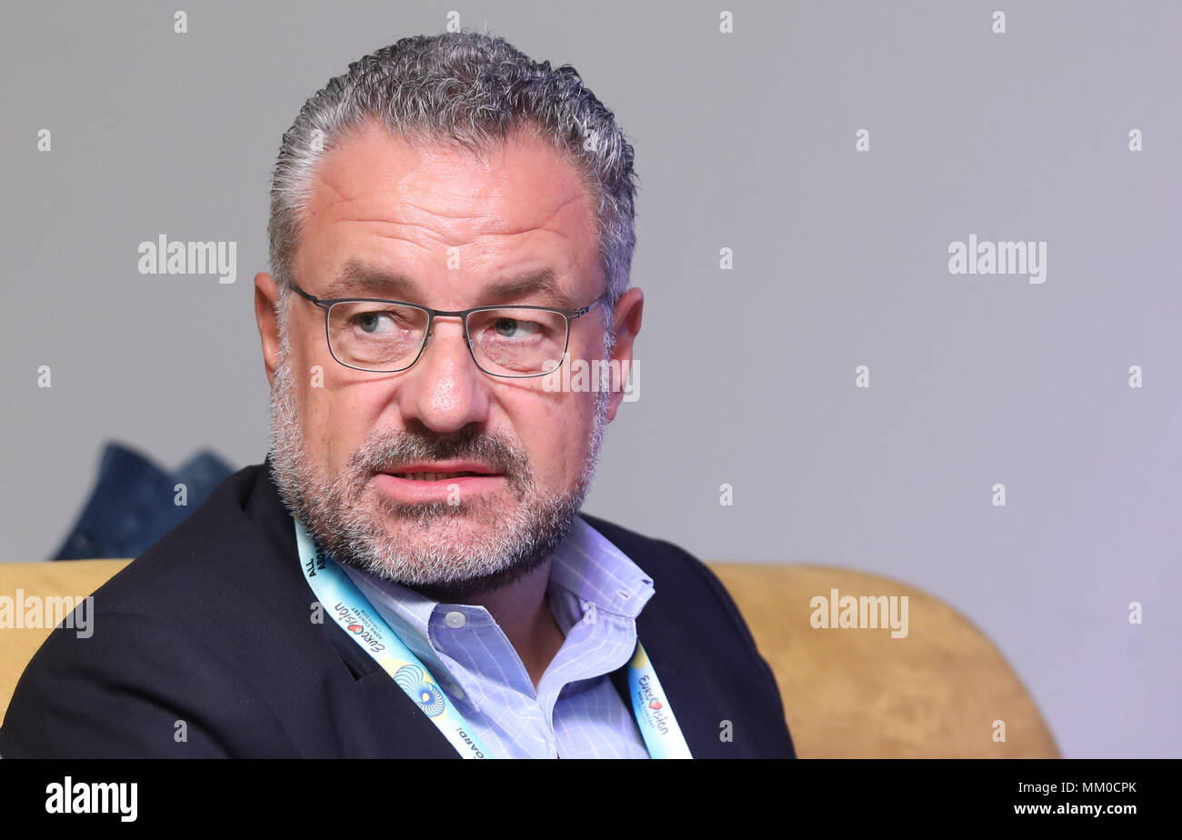 08 maggio 2018, Lisbona, Portogallo:Frank-Dieter Freiling, presidente del gruppo di riferimento del Concorso Eurovisione della canzone, registrati durante una tavola rotonda a. Le finali si terranno il 12 maggio 2018. Foto: Jörg Carstensen/dpa Foto Stock