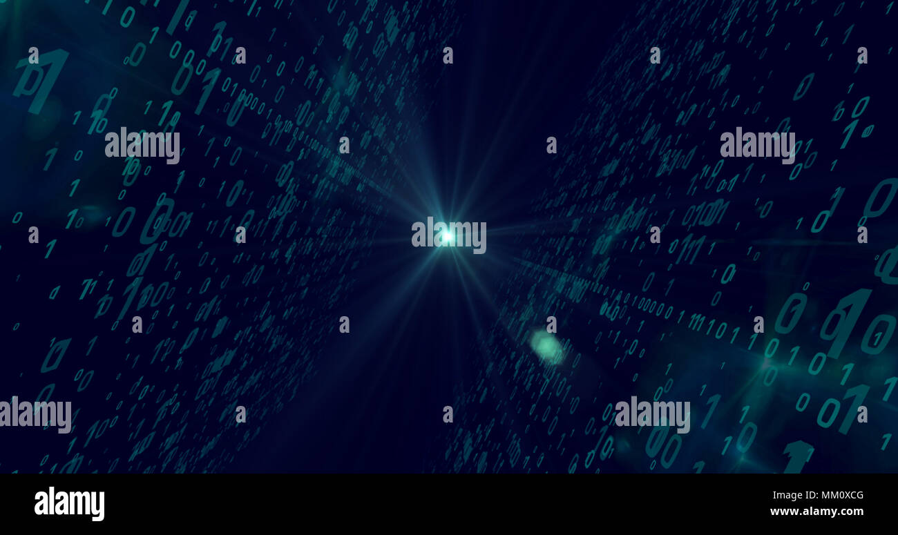 La tecnologia digitale concetto. Il ciano e il blu codice binario battenti dalla sorgente di luce in background. I raggi di luce e numeri di dinamica movente. Foto Stock