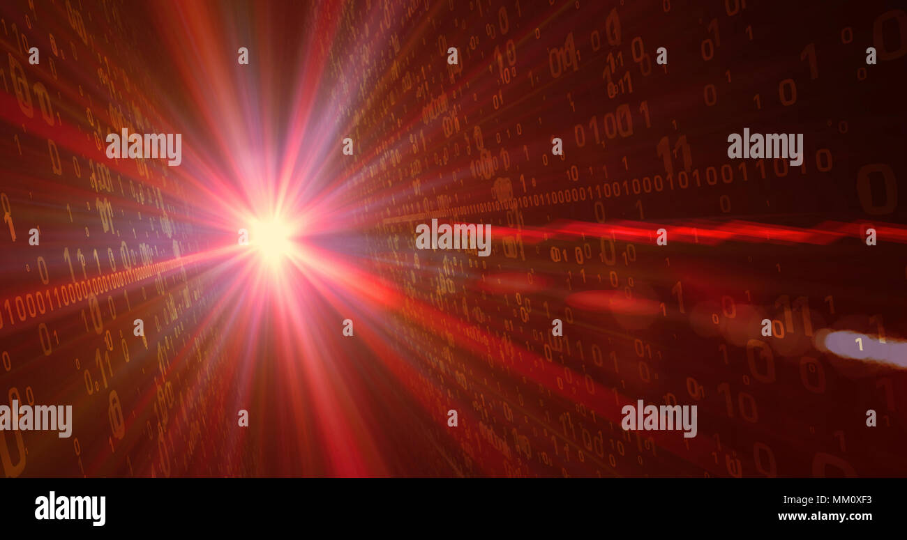 La tecnologia digitale concetto. Rosso infuocato codice binario battenti dalla sorgente di luce in background. I raggi di luce e numeri di dinamica movente. Foto Stock