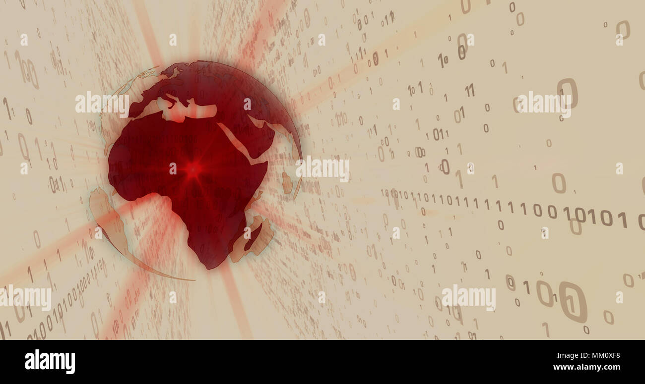 Globo ologramma su seppia sfondo digitale. Mondi binario e il concetto di tecnologia. Pianeta Terra sui numeri movente. Foto Stock