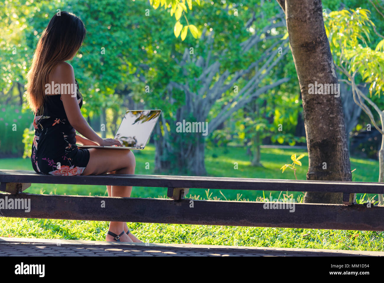 Bella donna d'affari con computer portatile nel parco in giornata Foto Stock