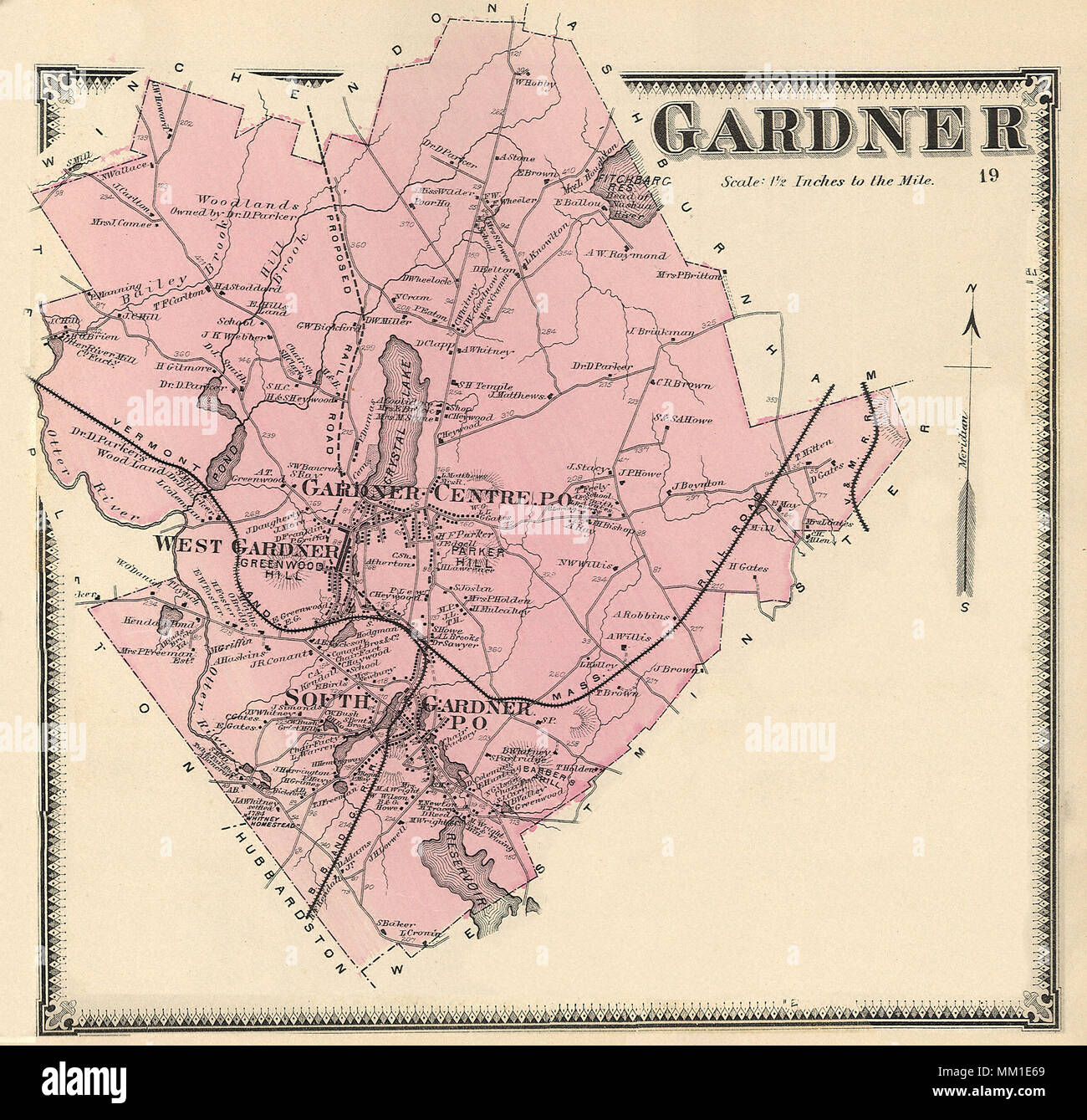 Mappa di Sud Gardner nella città di Gardner. 1870 Foto Stock