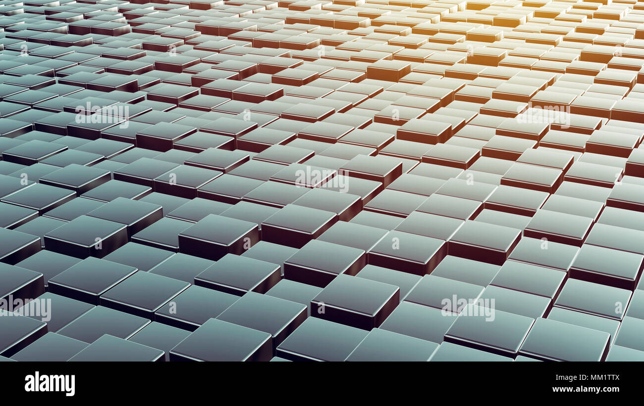 Cubi di metallo array in sequenza di ripetizione, abstract il rendering 3D illustrazione di scatole come sfondo Foto Stock
