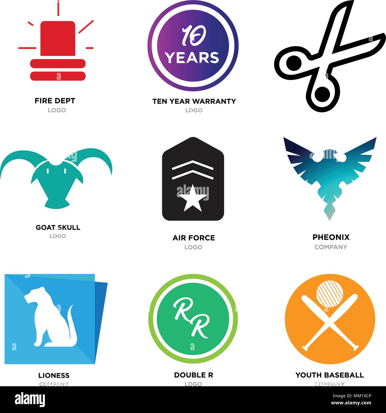 Set di 9 semplici icone modificabili quali gioventù baseball, double r, Leonessa, Pheonix, Air Force, teschio di capra, forbici, dieci anni di garanzia, fire dept, può Illustrazione Vettoriale