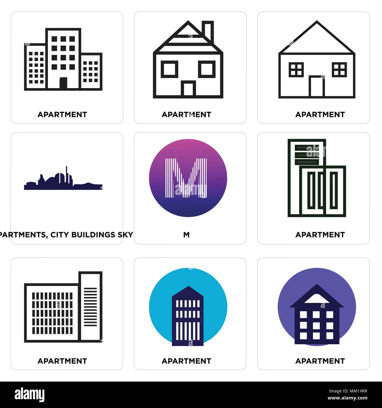Set di 9 semplici icone modificabile come appartamento, M, Appartamenti, città edifici cielo, può essere usato per il mobile, web Illustrazione Vettoriale
