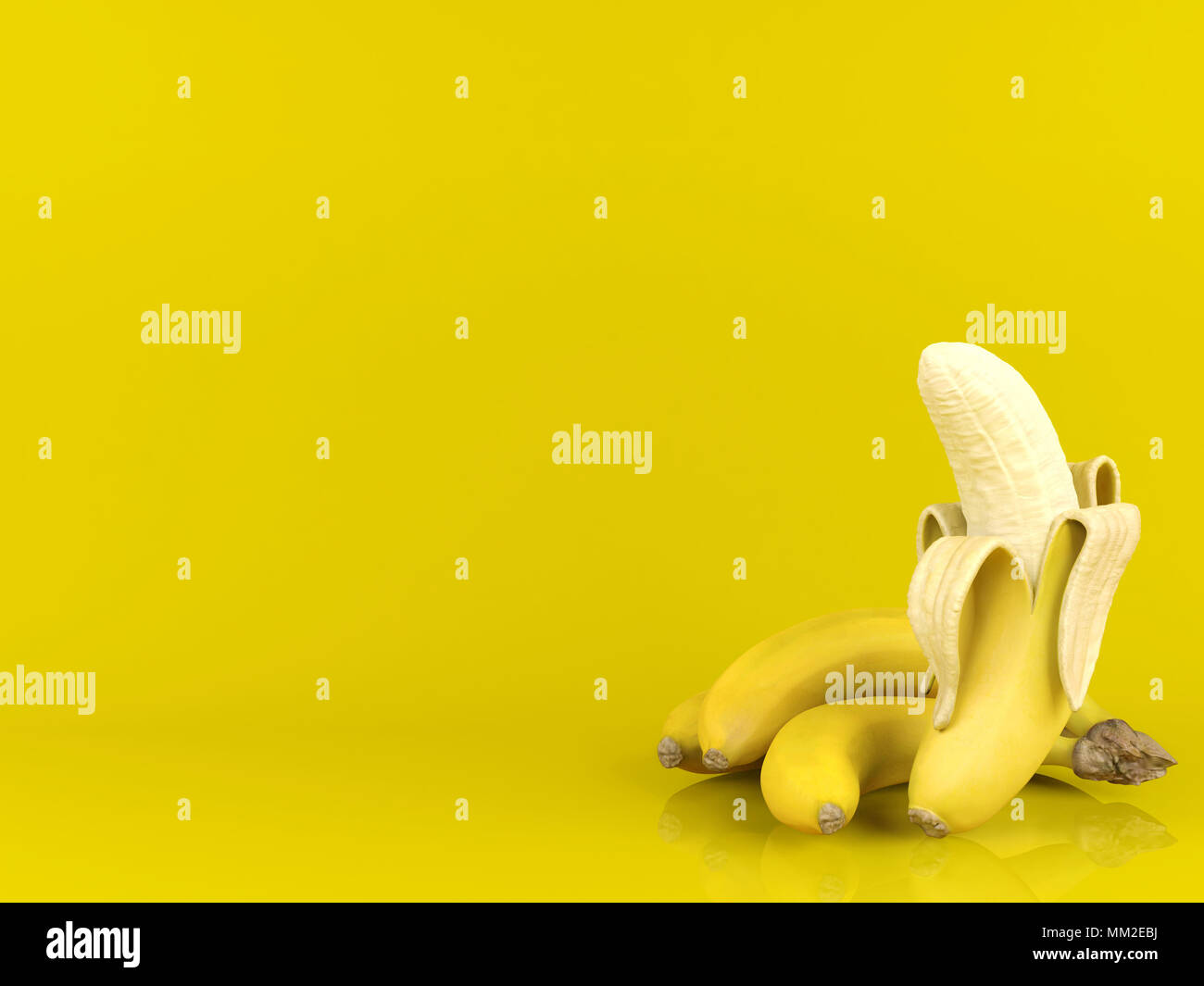 Banana pelata e il mazzetto di banane su sfondo giallo con copia spazio, rendering 3D Foto Stock
