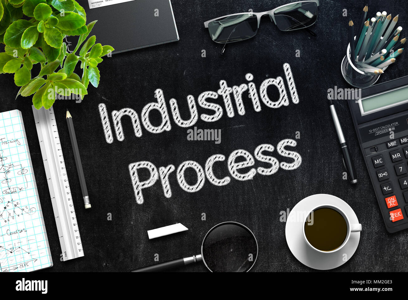 Lavagna nera con processo industriale. Il rendering 3D. Foto Stock