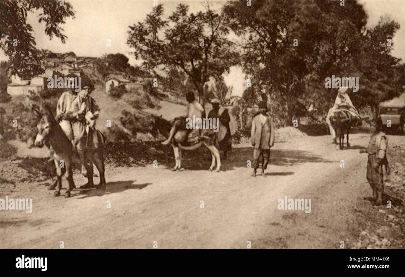 I bambini e gli asini sulla strada. Kabyle. 1910 Foto Stock
