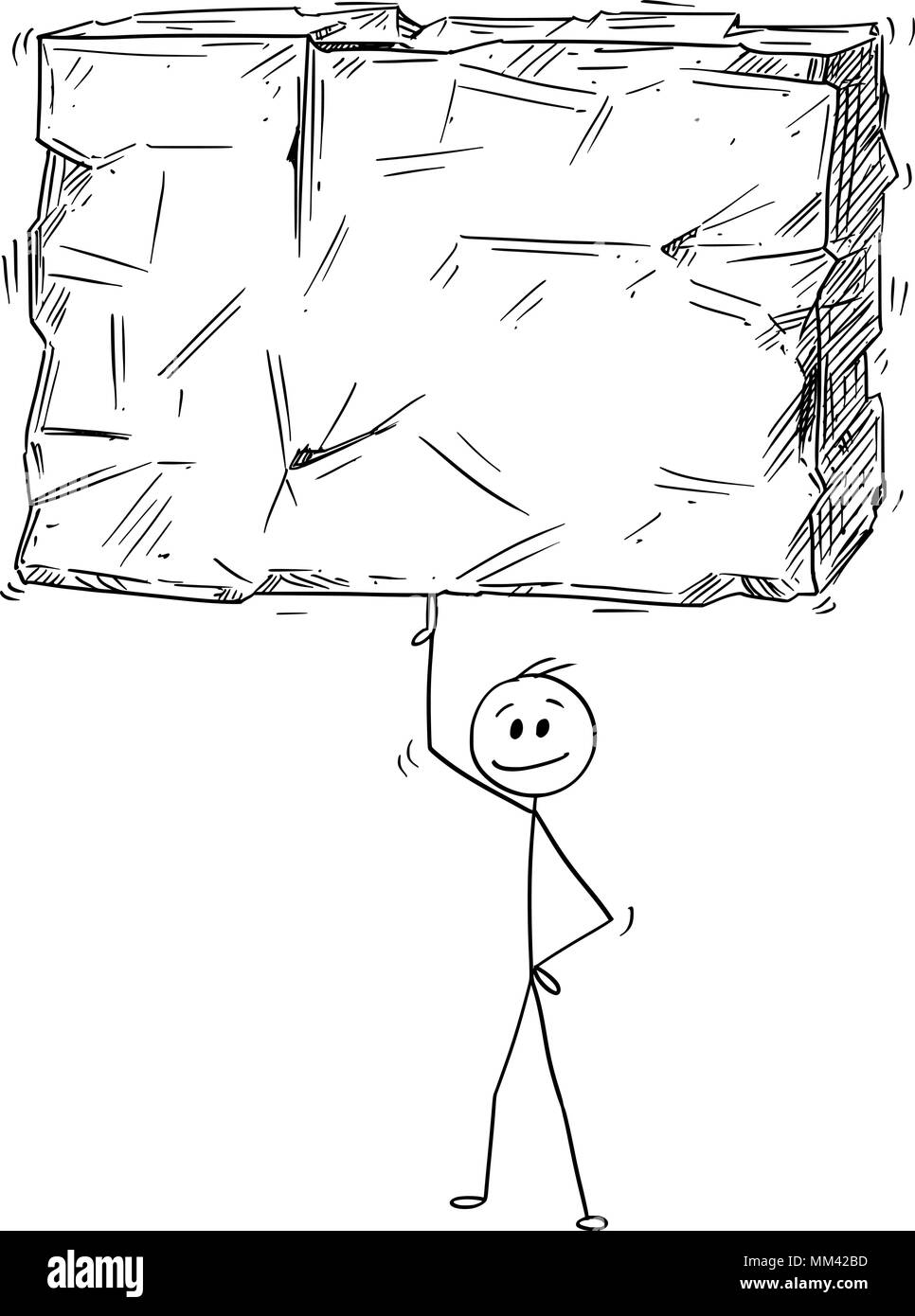 Cartoon di imprenditore il bilanciamento Big Stone o blocco di roccia su un dito di una mano con facilità Illustrazione Vettoriale