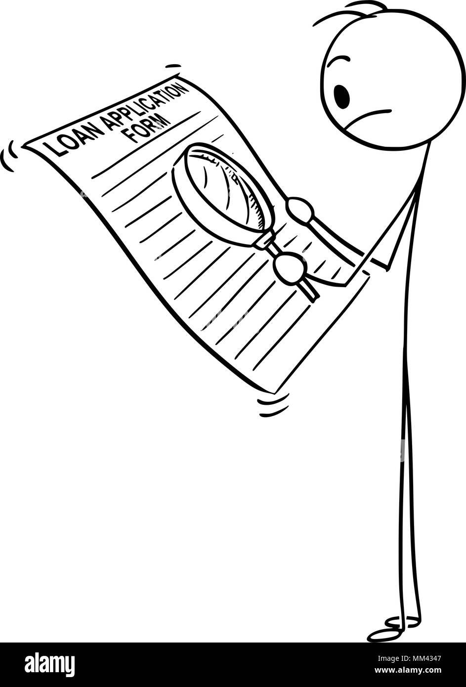 Cartoon di uomo o imprenditore prestito Lettura modulo di applicazione con lente di ingrandimento Illustrazione Vettoriale