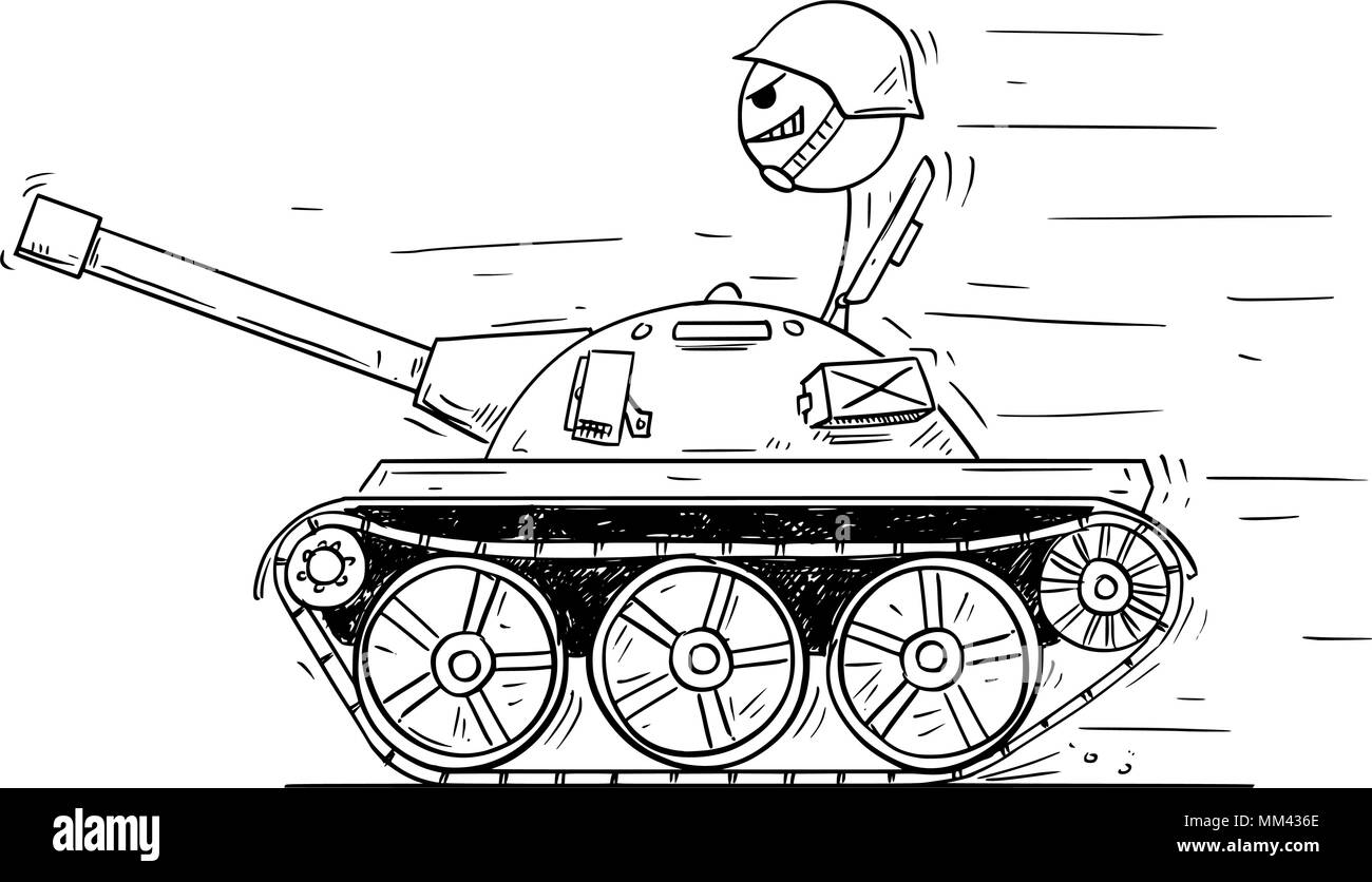 Cartoon di soldato in piccolo serbatoio. Concetto di guerra come gioco Illustrazione Vettoriale
