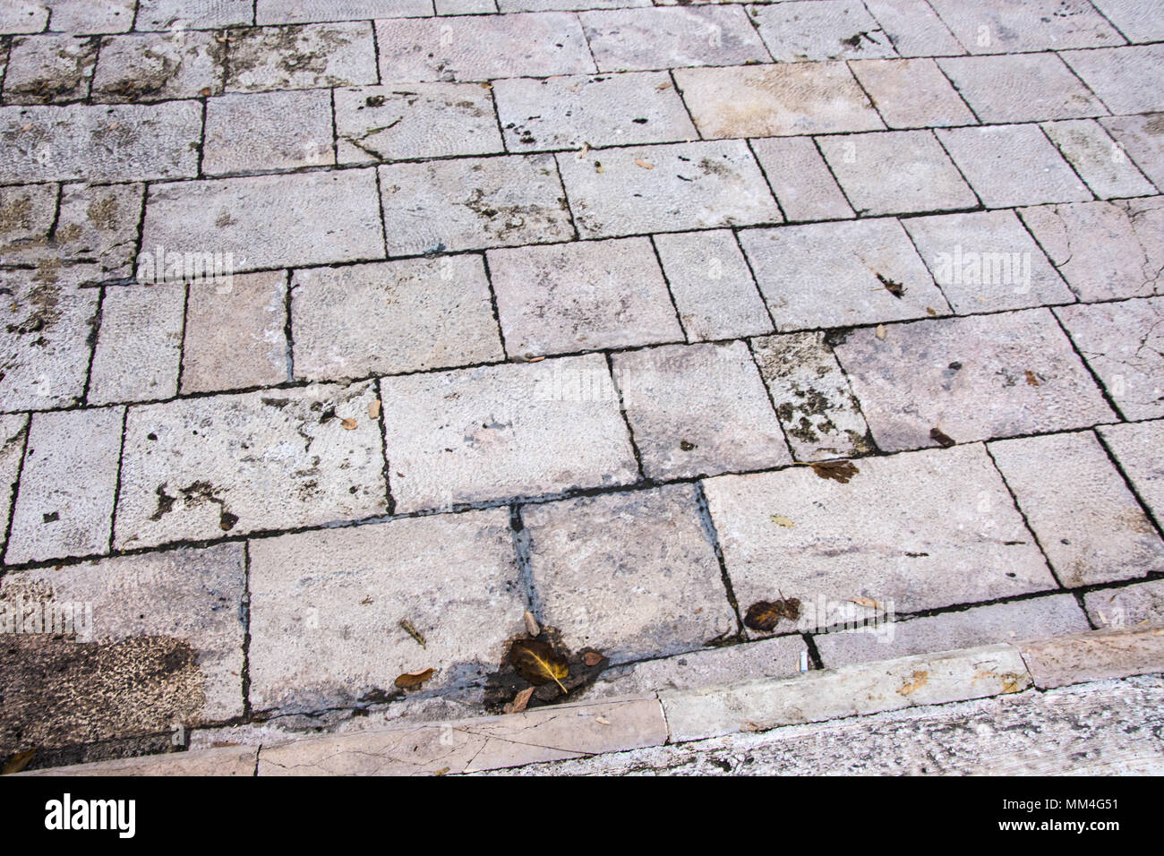 Vecchia tessitura della pietra marciapiede coperto con alcuni leafes e danneggiata dal tempo Foto Stock