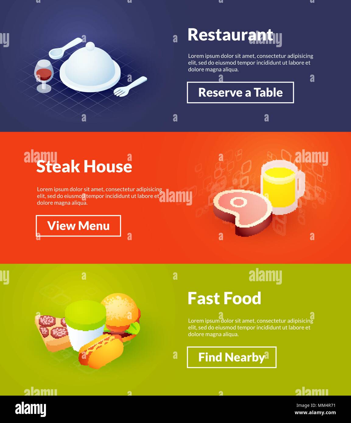 Il ristorante steak house e il fast food banner isometrica di un disegno a colori Illustrazione Vettoriale