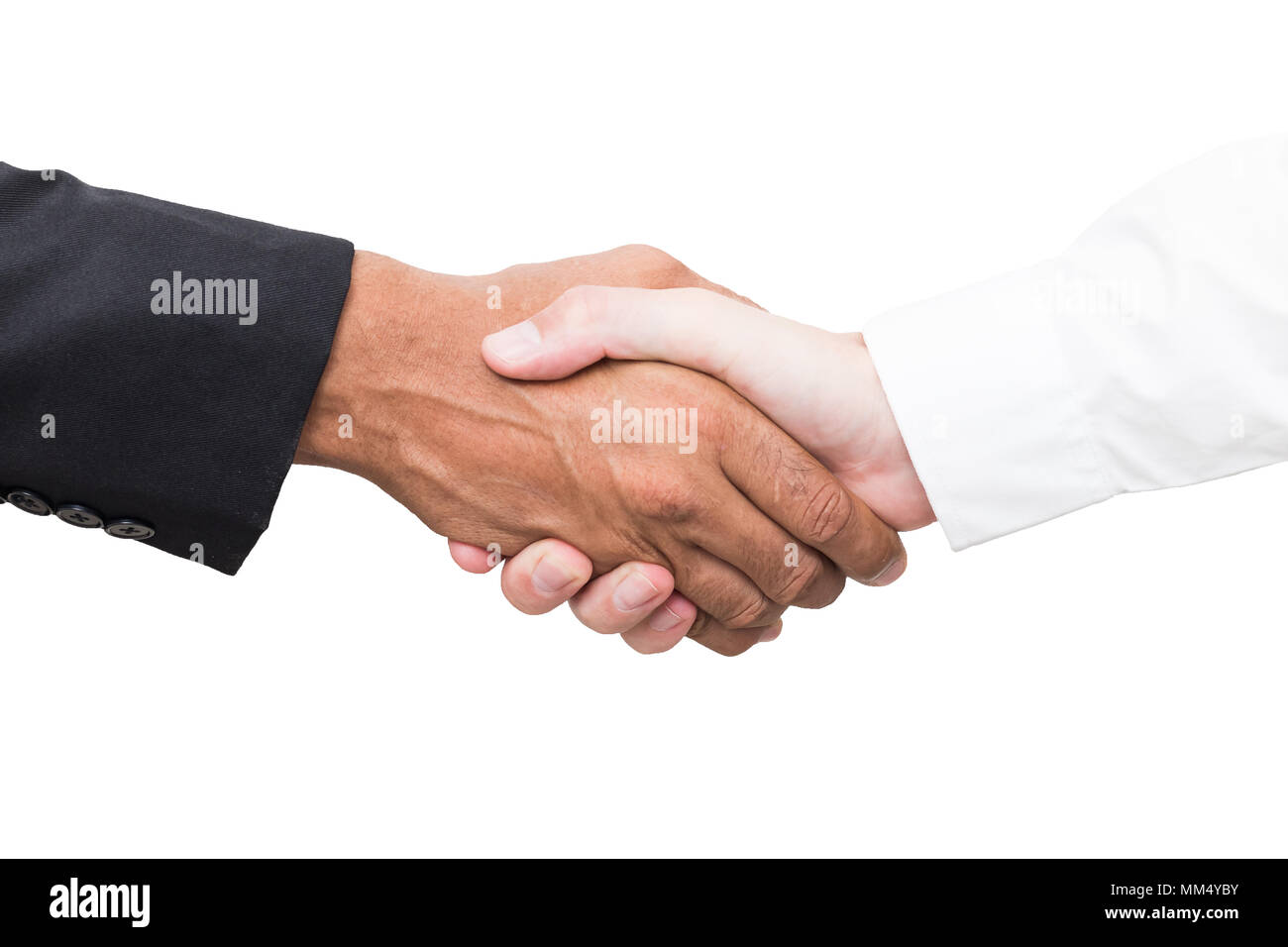 Handshake di business e la gente di affari concetti. Due uomini stringono le mani isolati su sfondo bianco . Foto Stock