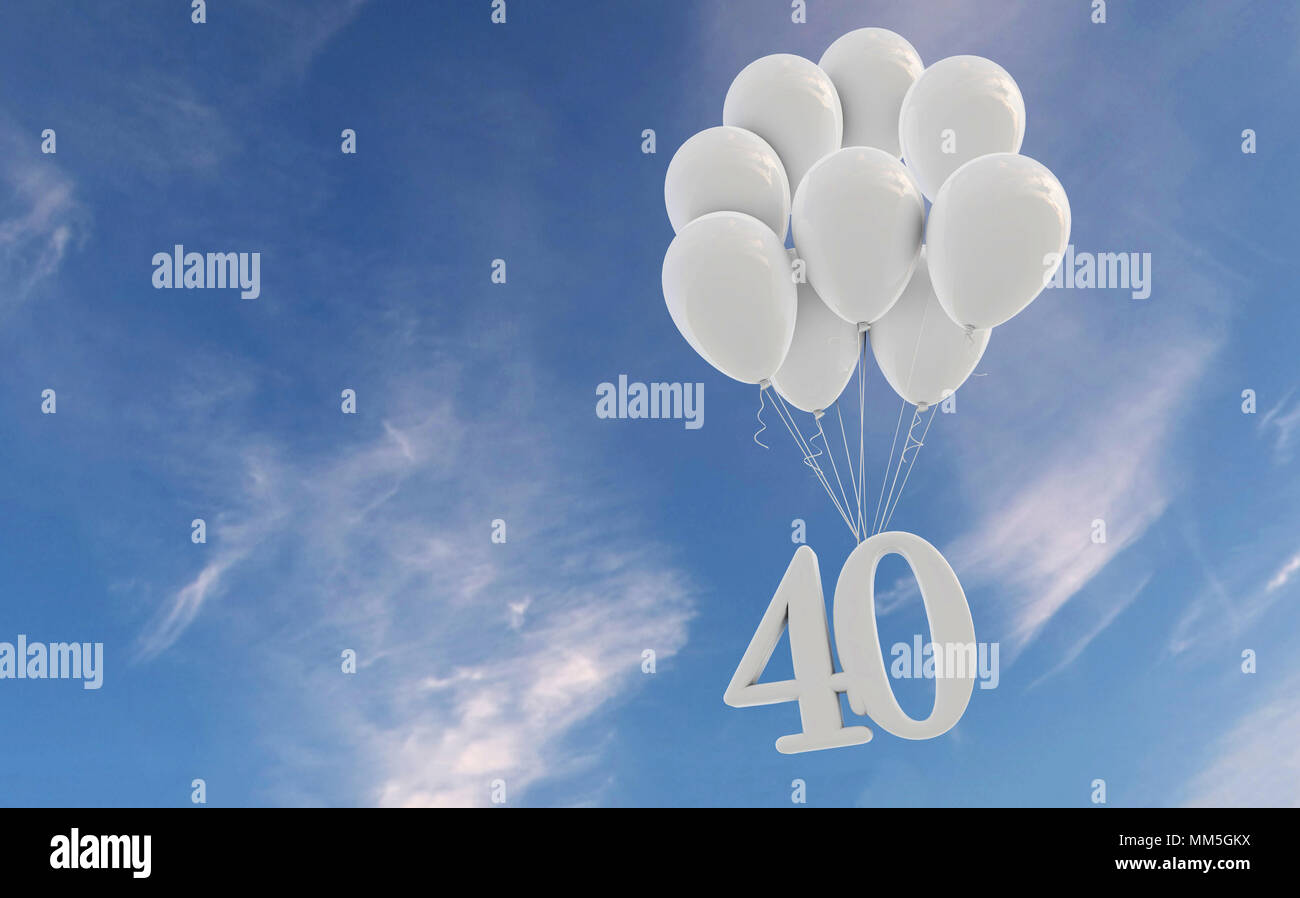 Numero 40 parte celebrazione. Numero fissato ad un mucchio di palloncini bianchi contro il cielo blu Foto Stock