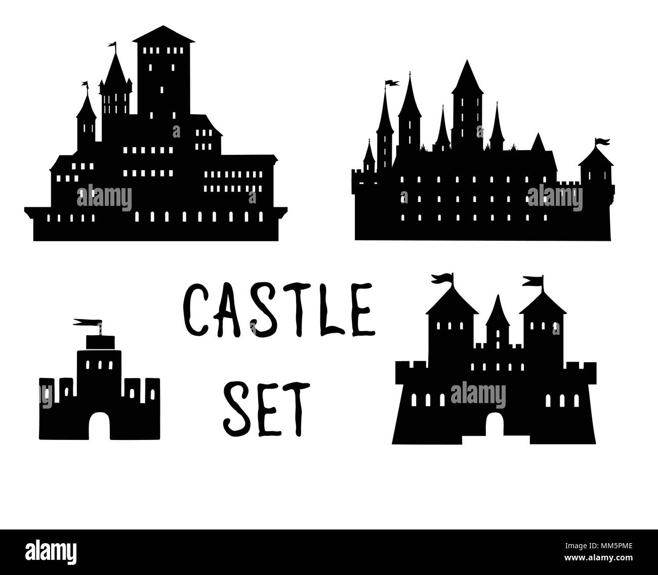 Castello di set di icone. Doodle castello vista edificio con torre, lettere manoscritte CASTLE Illustrazione Vettoriale