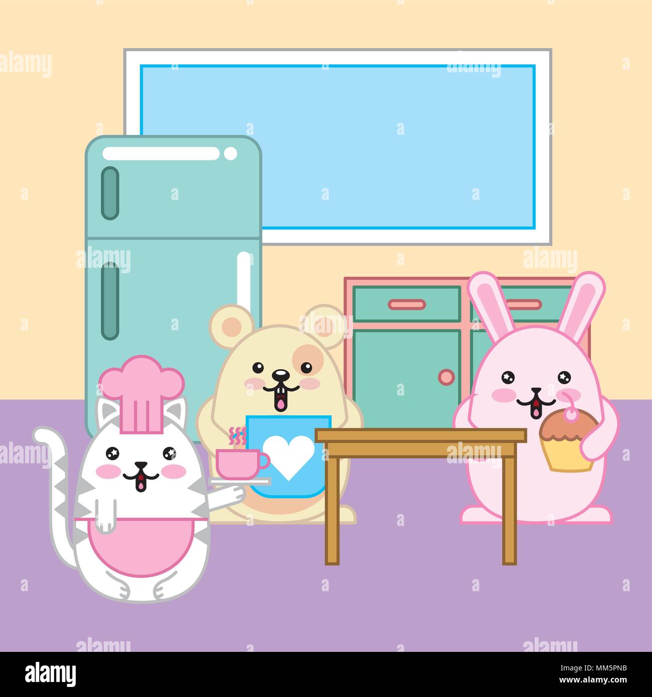 Chef gatto topo coniglio kawaii in cucina cartoon illustrazione vettoriale Illustrazione Vettoriale