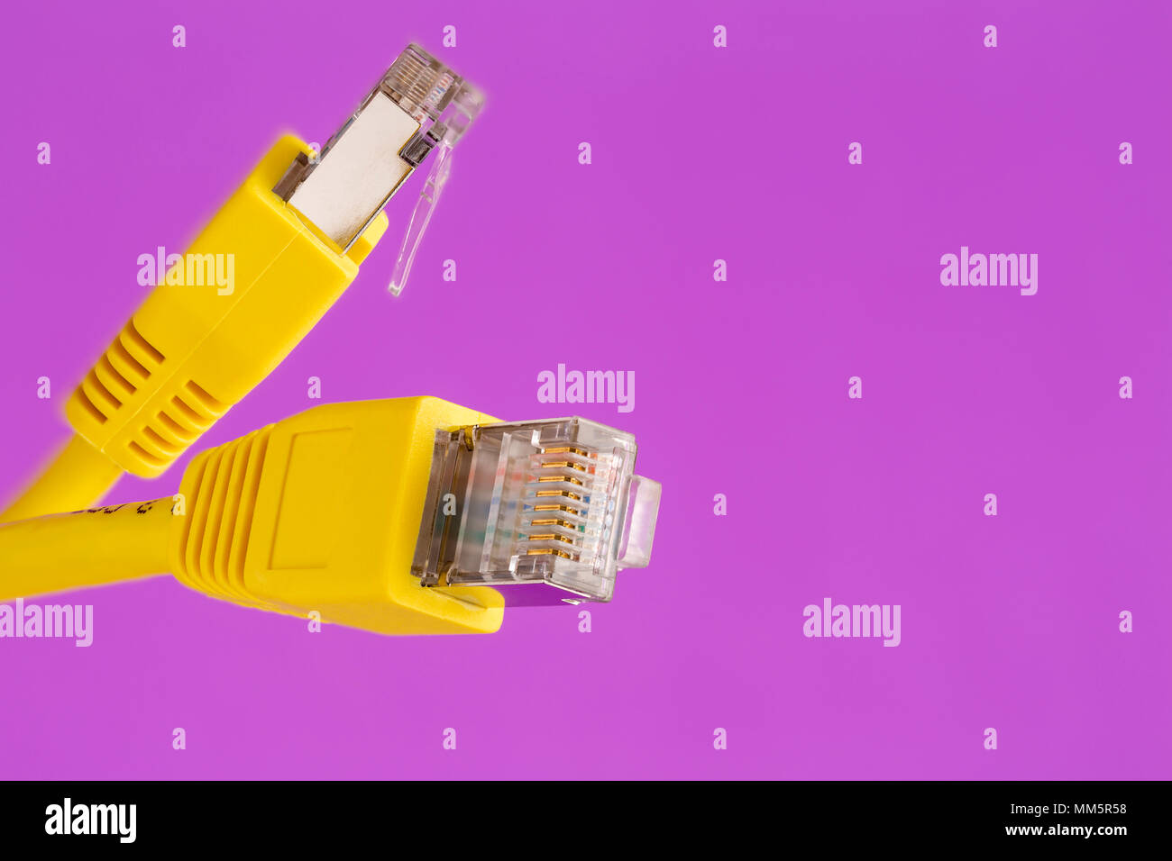 Cavo di telecomunicazione con giallo con un connettore maschio RJ45 Foto Stock