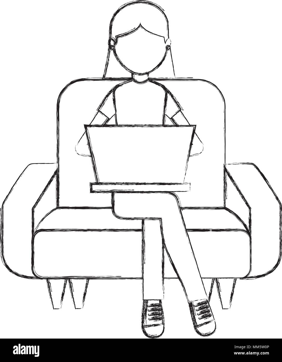 Donna seduta e lo studio sul divano con il computer portatile illustrazione vettoriale Illustrazione Vettoriale