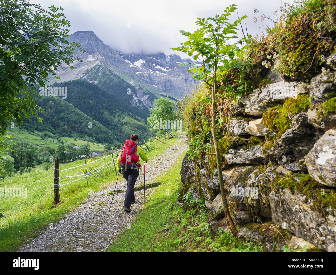 Donna escursionismo in alti Pirenei su un single trail con vista su Cirque de Gavarnie, Francia Foto Stock