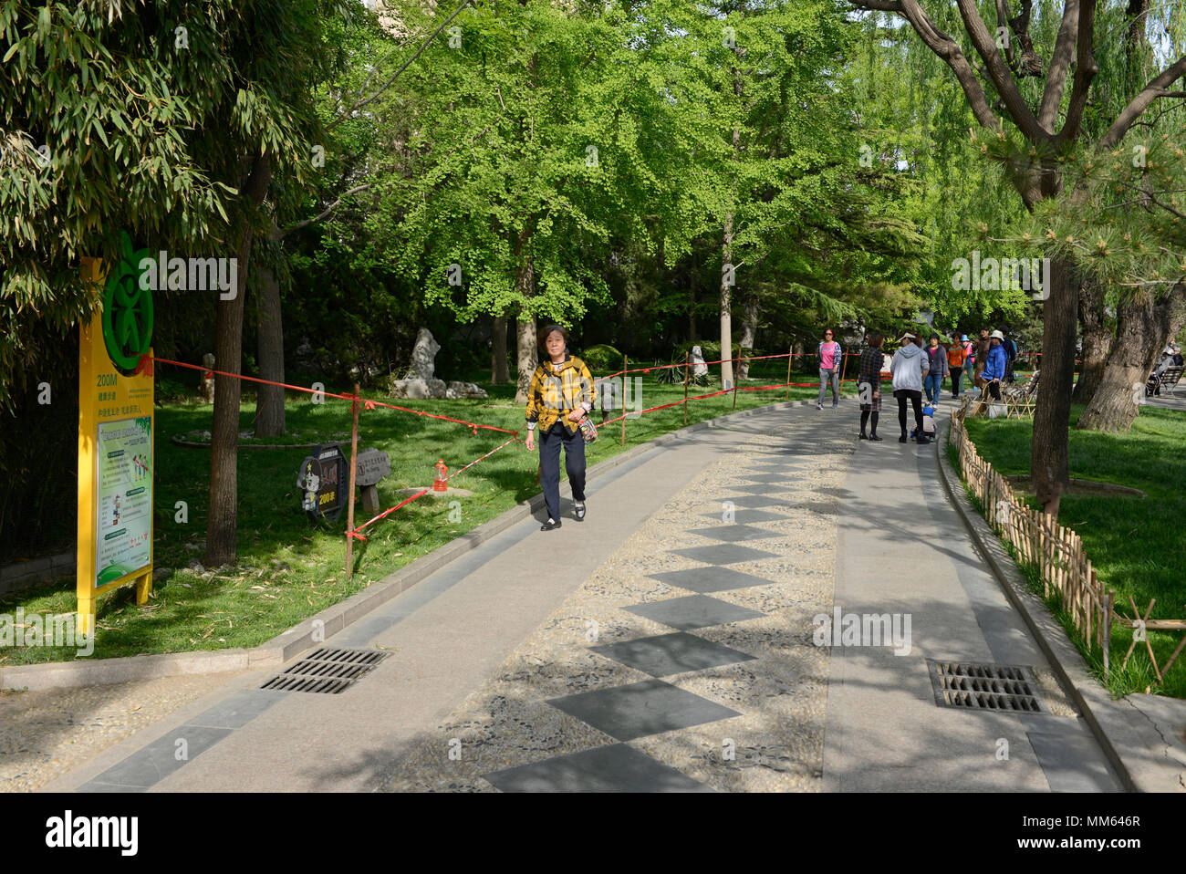 I visitatori a piedi lungo un sentiero nel Parco Tuanjiehu, Pechino, Cina Foto Stock