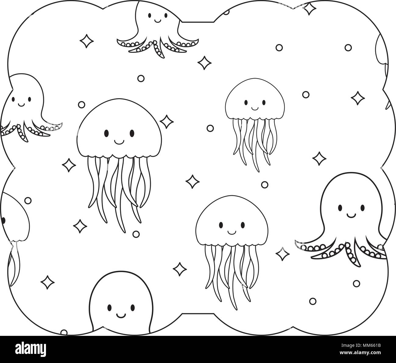 Cornice decorativa con graziosi meduse e polpi pattern su sfondo bianco, illustrazione vettoriale Illustrazione Vettoriale
