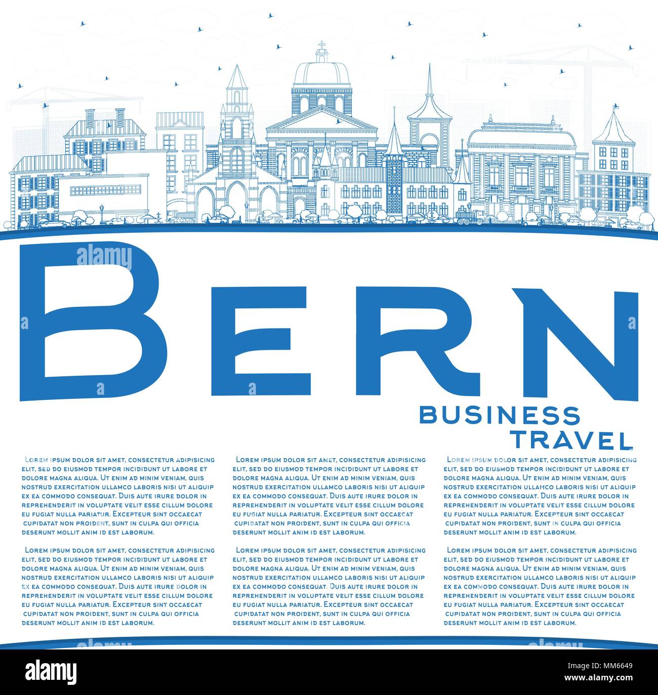 Profilo di Berna dello skyline della città con edifici blu e copia di spazio. Illustrazione Vettoriale. Illustrazione Vettoriale