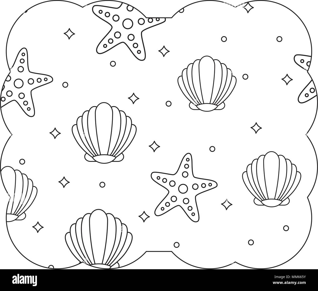 Cornice decorativa con conchiglie e stelle di mare pattern su sfondo bianco, illustrazione vettoriale Illustrazione Vettoriale